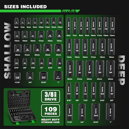 TecoTek 3/8" Drive Impact Socket Set, 109-Piece SAE (5/16"-1") and Metric (6mm-24mm), Deep & Shallow, 6 Point, Adapters, Ratchet Handle, Screwdriver Bit Set, Spark Plug Socket