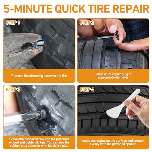 40 PCS Quick Fix Tire Plug Kit with 3 Tubes of Black Tire Sealant, New Screw in Tire Plugs, Fast Flat Tire Repair Kit for Car Motorcycle Truck Tractor Emergency Repair