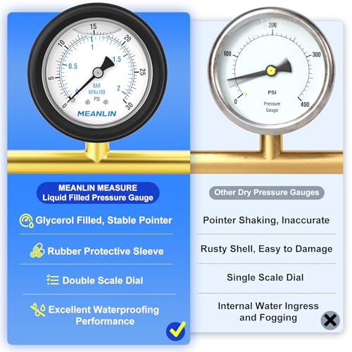 MEANLIN MEASURE 0~30Psi Stainless Steel Liquid Filled Pressure Gauge 1/4" NPT 2.5" FACE DIAL with Rubber Protective Sleeve, Center Back Mount - size: 0-30Psi