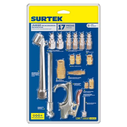 SURTEK Air Tool Accessories Kit - 17-piece Pneumatic Inflator Set with Inflator Chuck, Blow Nozzle, Pressure Gauge, Coupler, 5 Plugs & Compressor Attachments - 108141