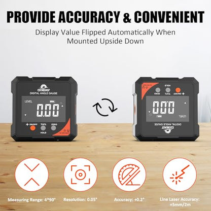 4-Side Digital Angle Finder Digital Level Magnetic Laser Gauge Rechargeable | 4-side magnetic base backlit display Compact inclinometer for woodworking table saw construction carpentry gift for men black - color: Black