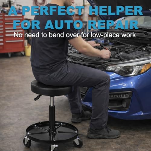 A A IN LT2A Heavy-Duty Adjustable Mechanic's Roller Seat Adjustable Rolling Stool with Wheels & Tool Tray Black