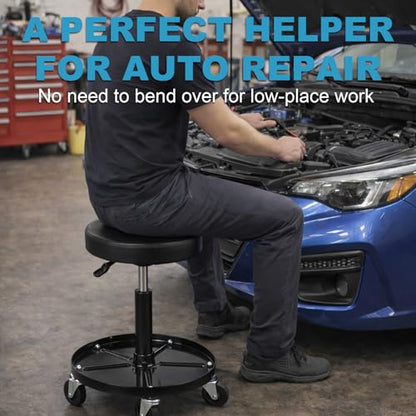 A A IN LT2A Heavy-Duty Adjustable Mechanic's Roller Seat Adjustable Rolling Stool with Wheels & Tool Tray Black