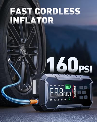 Car Jump Starter with Air Compressor 160PSI, 7000A Car Battery Jumper Starter Portable 12V Jump Box(All Gas/12L Diesel), Cordless Tire Inlfator, 26800mAh Powerbank, Led Lights, Safety Hammer