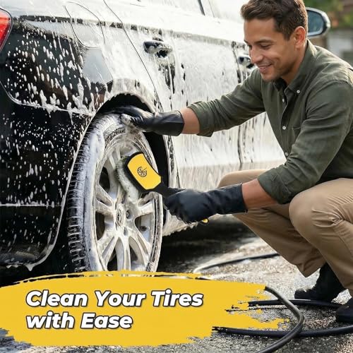 Wheel and Tire Brush Detailing Kit, Yellow | Soft Rim Brush & Stiff Tire Brush, Silicone Bumper Guard, Non-Slip Ergonomic Handle, For Alloy Wheels, Fenders, Mats - color: black yellow