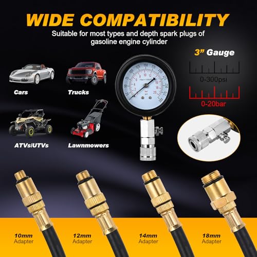 Nilight Compression Tester with Spark Plug Tester, 9PCS Petrol Gas Engine Cylinder Pressure Gauge 0-300 PSI Automotive Tool Set for Cars Trucks Motorcycles - color: 9pcs