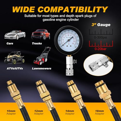 Nilight Compression Tester with Spark Plug Tester, 9PCS Petrol Gas Engine Cylinder Pressure Gauge 0-300 PSI Automotive Tool Set for Cars Trucks Motorcycles - color: 9pcs