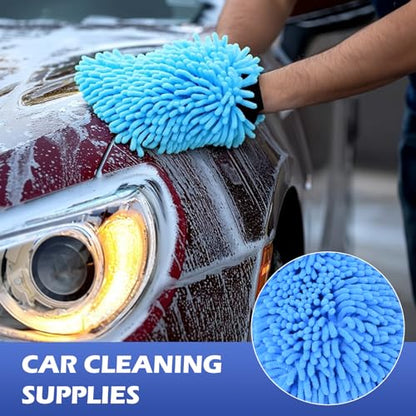 4Pcs Car Wash Mitt Microfiber Gloves Chenille Material Microfiber Towels for Car Washing Supplies Kit Scratch Free Cleaning Sky Blue + Green - size: Sky Blue + Green