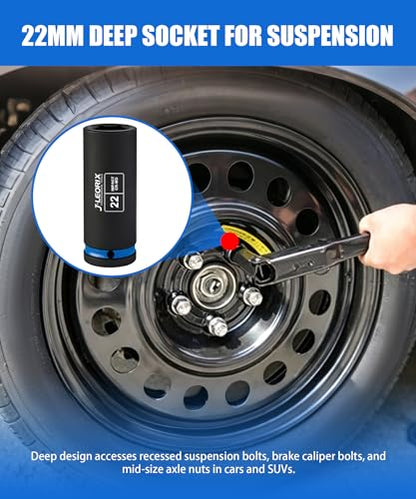 22mm Deep Impact Socket 1/2" Drive CR-MO Steel 6-Point | CR-MO steel impact socket set. 1/2" drive, 6-point design. Deep reach for lug nuts & axle nuts. - size: 22mm