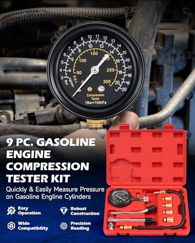 OMT 8pc Petrol Engine Cylinder Pressure Test Kit with 300 PSI Dual Gauge | Strong Metal Adapters; Anti Scratch Glass Cover; Flexible Hose; Auto Mechanic Diagnostics; Fits Cars Trucks And Motorcycles