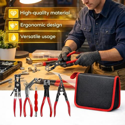 5PCS Automotive Electrical Disconnect Pliers Kit with Leather Storage Case | High-Carbon Steel Connector Separator, Hose Clamp & Trim Clip Removal Tools, Professional Set for Auto Repair & Maintenance
