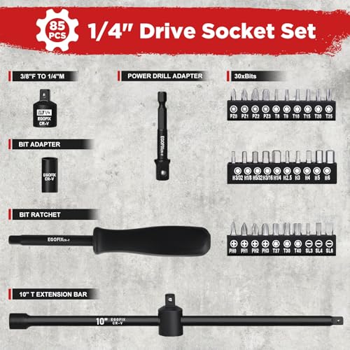 1/4" Socket Set 85 Piece, Metric Shallow/Deep Sockets (4-15mm) and SAE Shallow/Deep Sockets (5/32-9/16), Screwdriver Bit Set, Tool Kit for Home Use and Automotive Repair - style: 1/4-85PCS
