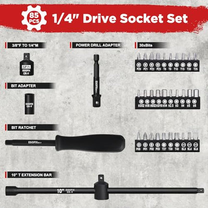 1/4" Socket Set 85 Piece, Metric Shallow/Deep Sockets (4-15mm) and SAE Shallow/Deep Sockets (5/32-9/16), Screwdriver Bit Set, Tool Kit for Home Use and Automotive Repair - style: 1/4-85PCS