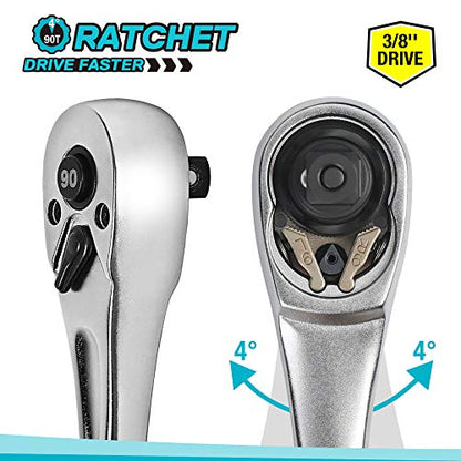 DURATECH 3/8 Inch Drive Ratchet Handle, Ratchet Socket Wrench, 90 Tooth, 8-3/8 Inch Length, Heavy Duty, Professional Ratchets, Quick-release Reversible, Premium Chrome Alloy Made, Polish Chrome Finish - size: 3/8"(Matte)