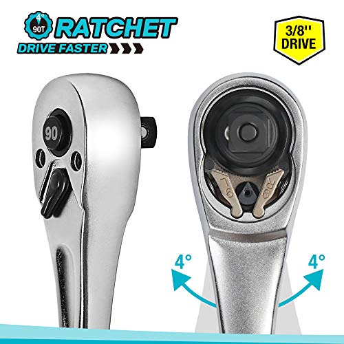 DURATECH 3/8-Inch Drive Ratchet Handle, Ratchet Socket Wrench | 90 Tooth, 8-3/8" Length, Heavy Duty, Professional Ratchets, Quick-Release Reversible, Chrome Alloy Made, Polished Chrome - size: 3/8"(Matte)