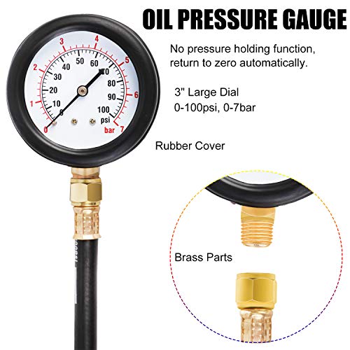 JIFETOR Oil Pressure Tester Kit, Professional Engine Diagnostic Test, 100PSI Pressure Gauge Tool with Hose Adapter for Truck Car ATV - color: Red Case