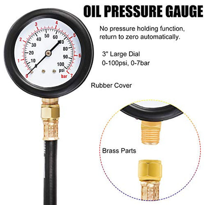 JIFETOR Oil Pressure Tester Kit, Professional Engine Diagnostic Test, 100PSI Pressure Gauge Tool with Hose Adapter for Truck Car ATV - color: Red Case