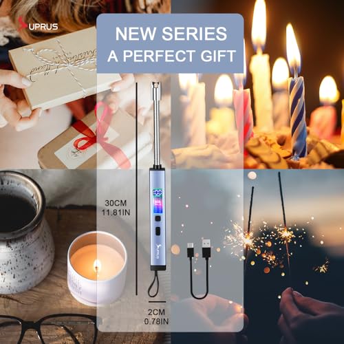 SUPRUS Electric Candle Lighter USB-C Rechargeable with Digital Battery Display Ambient Lighting Safety Switch 360° Flexible Neck Flameless Plasma Windproof Perfect for Candle BBQ Camping (Blue) - color: Blue