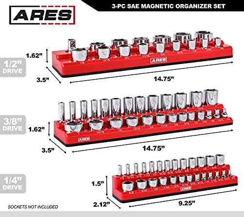 ARES 60035-3-Piece Set SAE Magnetic Socket Organizers - RED -Includes 1/4 in, 3/8 in, 1/2 in Socket Holders - Holds 68 Standard (Shallow) and Deep Sockets - Also Available in GREEN - color: Red (Sae), size: 1/4, 3/8, 1/2-Inch Drive - 3-Piece Set