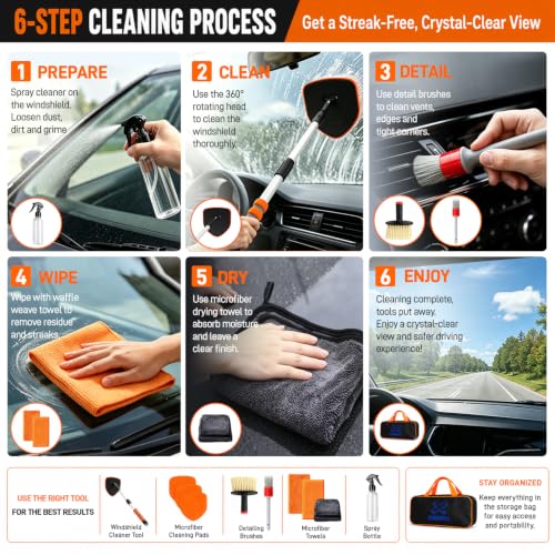 XINDELL Interior Windshield Cleaner Tool, Extendable Car Window Cleaning Kit with 360° Rotating Head, Interior Exterior Glass Cleaner for Cars Trucks SUVs, 10PCS with 3 Pads, Towels, Brushes & Bag | 360° Head, Extendable Handle, 3 Pads, 2 Brushes, 3 Towel