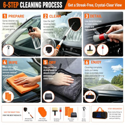XINDELL Interior Windshield Cleaner Tool, Extendable Car Window Cleaning Kit with 360° Rotating Head, Interior Exterior Glass Cleaner for Cars Trucks SUVs, 10PCS with 3 Pads, Towels, Brushes & Bag | 360° Head, Extendable Handle, 3 Pads, 2 Brushes, 3 Towel