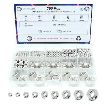390 Pack Metric Hex Nuts Assortment Kit, M2 M2.5 M3 M4 M5 M6 M8 M10 M12 304 (A2-70) Standard Metric Coarse Thread Hardware Nuts - size: Metric (390Pcs)
