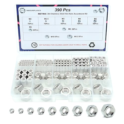 390 Pack Metric Hex Nuts Assortment Kit, M2 M2.5 M3 M4 M5 M6 M8 M10 M12 304 (A2-70) Standard Metric Coarse Thread Hardware Nuts - size: Metric (390Pcs)