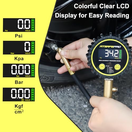 Atsafepro 200 PSI Digital Tire Pressure Gauge-2.5" LCD Display,Professional Air Pressure Gauge-4 Units Switch, 360° Swivel Head, Hold & Deflate Feature, Heavy-Duty Psi Gauges for Car, Motorcycle, Bike