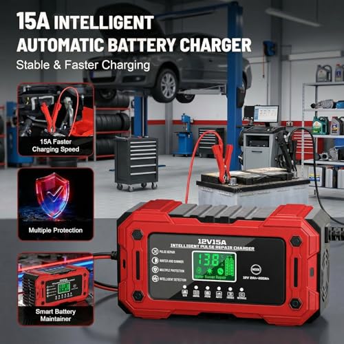 Car Battery Charger 12V 15A Smart Trickle Charger Fully Automatic | Battery Maintainer with Temperature Compensation LCD Display 8-Layer Protection for Car Truck Motorcycle Lawn Mower Boat - color: Red