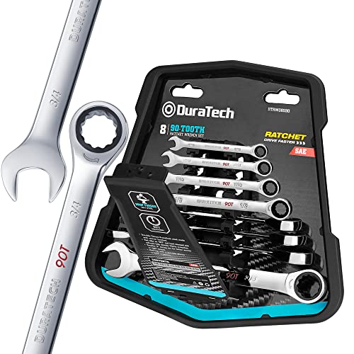 DURATECH 90-Tooth Ratcheting Wrench Set, Combination Wrench Set, 8-Piece, SAE, 5/16"-3/4", CR-V Steel, Organized in Wrench Rack - size: SAE
