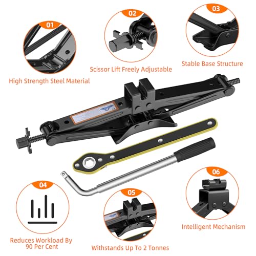 Car Jack Kit, Scissor Jack for Car 2 Ton (4409 lbs), Portable Tire Changing Kit with Scissor Jack, Ratchet Wrench, Lug Wrench, Gloves, Pencil Tire Pressure Gauge for Car/MPV/SUV