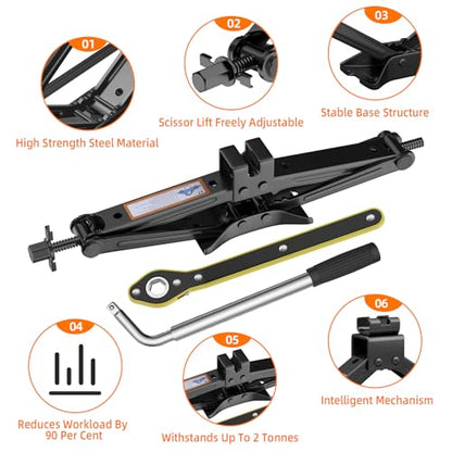 Car Jack Kit, Scissor Jack for Car 2 Ton (4409 lbs), Portable Tire Changing Kit with Scissor Jack, Ratchet Wrench, Lug Wrench, Gloves, Pencil Tire Pressure Gauge for Car/MPV/SUV