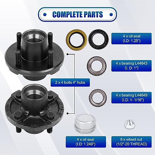 2 Sets Trailer Idler Hub Kit 4 on 4 Bolt Pattern for 2000 lb Axles, Includes 1" and 1-1/16" Bearings with Pre-Installed Races, Reliable Performance for Boat and Utility Trailers - size: 4 on 4" 2000 lbs