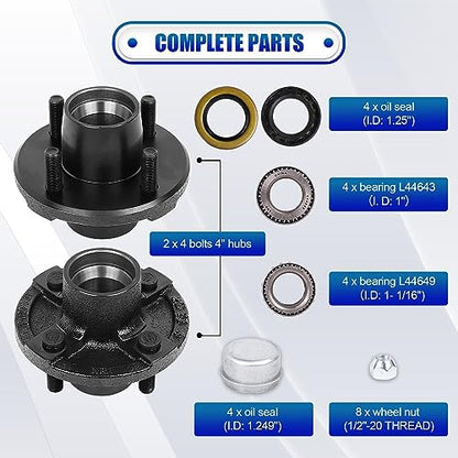 2 Sets Trailer Idler Hub Kit 4 on 4 Bolt Pattern for 2000 lb Axles, Includes 1" and 1-1/16" Bearings with Pre-Installed Races, Reliable Performance for Boat and Utility Trailers - size: 4 on 4" 2000 lbs