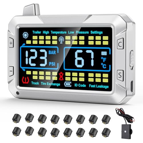 truck tire pressure monitoring system (0-188 PSI) features a signal booster, a 4.3-inch color screen, six alarm modes, and can monitor up to 43 tires for trailer rv semi truck camper (16 Sensors) - size: 16 Sensors