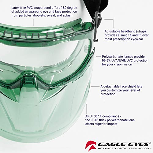 Eagle Eyes Anti-Fog Scratch-Resistant Safety Goggles with Face Shield - 99.9% UV Rays Protection - Universal Fit Lightweight Eyewear (Green) - color: Green