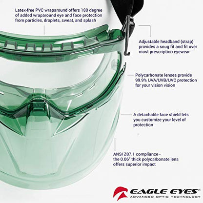 Eagle Eyes Anti-Fog Scratch-Resistant Safety Goggles with Face Shield - 99.9% UV Rays Protection - Universal Fit Lightweight Eyewear (Green) - color: Green