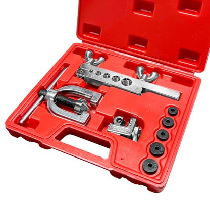 Double & Single Flaring Tool Kit, 45 Degrees Brake Line Repair Kit with Tubing Cutter & Adapters, Professional Flaring Tool Set for 3/16" to 1/2" Copper Aluminum Brass Tubing
