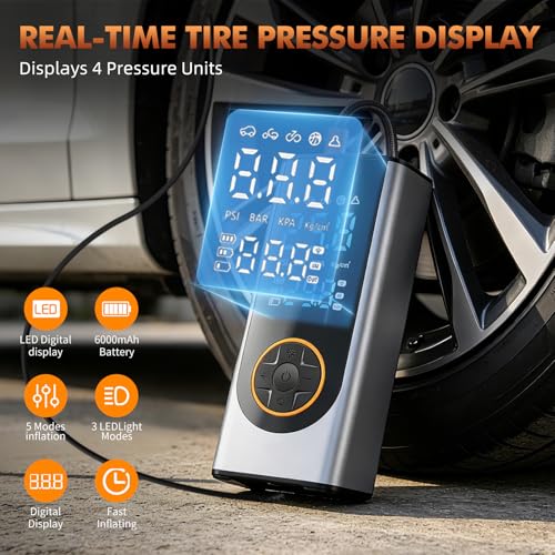 Eleanora Cordless Tyre Inflator air Compressor, Car Tire Pump 6000 mAh 150PSI 12V DC Electric Tyre Pump with LED Lights, Electric Air Pump for Vehicle Tyres/Bike/Motorbike/Ball/Inflatables