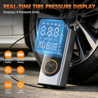 Eleanora Cordless Tyre Inflator air Compressor, Car Tire Pump 6000 mAh 150PSI 12V DC Electric Tyre Pump with LED Lights, Electric Air Pump for Vehicle Tyres/Bike/Motorbike/Ball/Inflatables