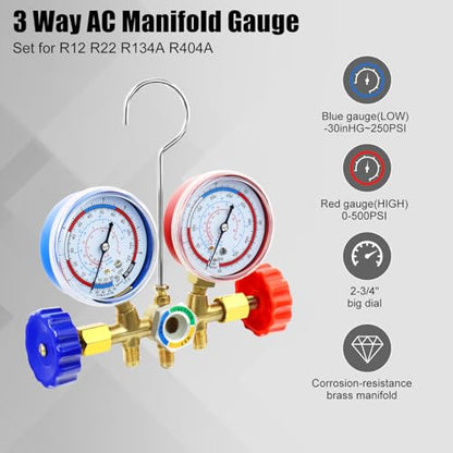 AC Manifold Gauge Set, 3 Way Car HVAC R134a R404a Refrigerant Charging Tool Kit, with Hoses Quick Coupler Adapter Can Tap Case, for Auto Air Conditioner Freon Diagnostic Test and Recharge