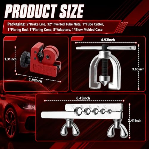 25Ft 1/4" & 3/16" Brake Line Kit,Single & Double Brake Line Flaring Tool Kit with 32 Inverted Fittings/Tube Cutter/5 Adapters,Professional Brakes Lines Repair Kits
