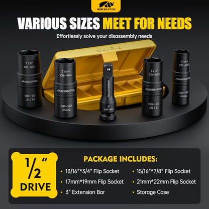 MIKKUPPA 5 PCS 1/2" Drive Impact Socket Set, Flip Socket Set, Cr-Mo Steel, Includes 3 Inch Bar Extension, Double Side Half Size Lug Nut Extractor Set