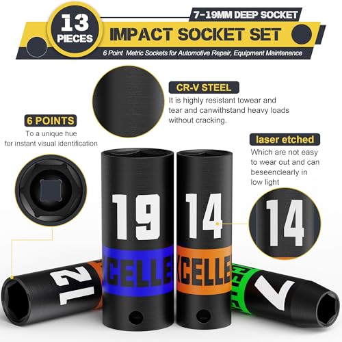 13 Pieces 3/8-Inch Drive Impact Socket Set, 7-19mm Deep Socket, 6 Point Metric Sockets for Automotive Repair, Equipment Maintenance - size: 3/8 Inch Metric Deep