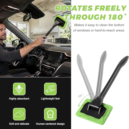 Car Windshield Cleaning Tool, Detachable Window Cleaner with Reusable Microfiber Pads & Spray Bottle, Glass Wiper Windshield Detailing Cleaning Kit for Most Cars Trucks SUVs