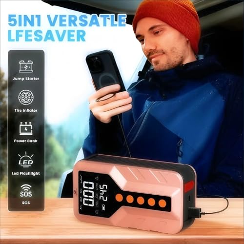 Jump Starter with Air Compressor for All-Terrain Vehicles, Light Pink, Lithium Ion, 12 Volts, 6000 Amps - color: Rose Gold