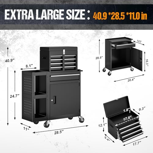 5 Drawers Rolling Tool Chest, Tool Box Protective Mat & Tool Rack, Garage Storage Cart with Side Cabinet, Detachable Top Metal Tool with Locking System for Garage - size: 5 Drawers-Black
