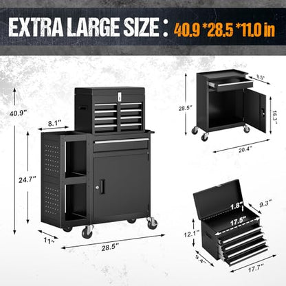 5 Drawers Rolling Tool Chest, Tool Box Protective Mat & Tool Rack, Garage Storage Cart with Side Cabinet, Detachable Top Metal Tool with Locking System for Garage - size: 5 Drawers-Black