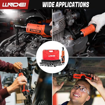 LLNDEI 3/8" 58Pcs Cordless Electric Ratchet Wrench Set with Socket Set,12V High Capacity Electric Wrench(40FT-LBS(55N.M)) with Adjustable Speed.