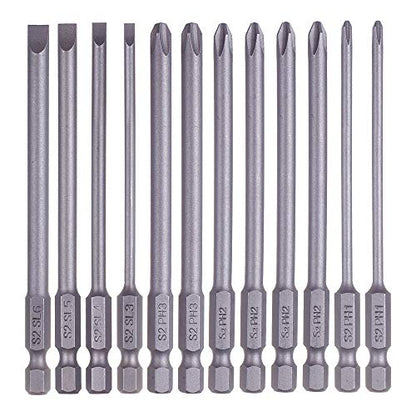 Rocaris 12 Pack 1/4 Inch Hex Shank Long Magnetic Screwdriver Bits Set 4 in Power Tools (Slotted+Cross Head) - size: 12Pcs(Slotted+Cross)